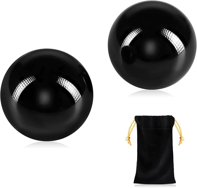 Learay 2PCS Black Obsidian Baoding Balls, Chinese Health Exercise Massage Balls with Carry Pouch for Stress Relief Hand Exercise Balls (Black/2 inch)