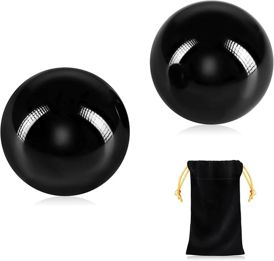 Learay 2PCS Black Obsidian Baoding Balls, Chinese Health Exercise Massage Balls with Carry Pouch for Stress Relief Hand Exercise Balls (Black/2 inch)