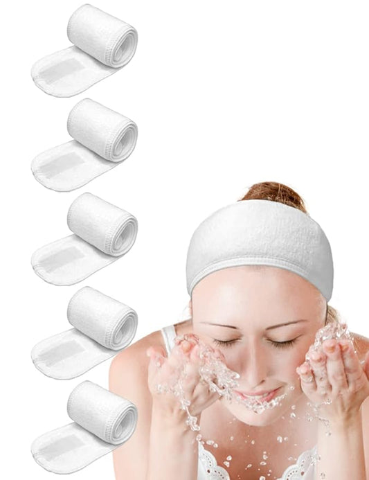 EUICAE Spa Headband Sweat Towel Wrap Non-Slip Stretchable Washable for Face Wash, Facial Treatment, Sports (White 5pcs)