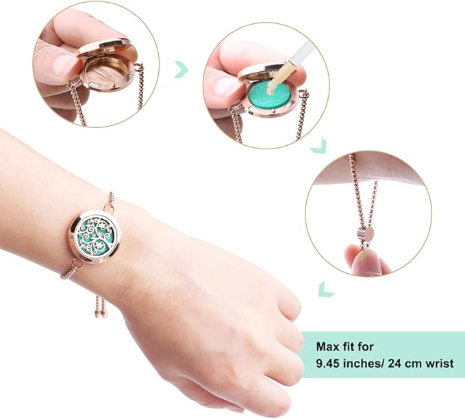 ttstar Essential Oil Diffuser Bracelet Stainless Steel Aromatherapy Locket Adjustable Bracelet Set with 24 Refill Pads in 12 Assorted Colors, Gifts Set for Women(Rose Gold)