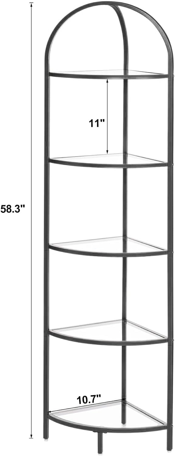 Homhedy 5-Tier Corner Shelf Stand, Metal Corner Bookshelf, Tempered Glass Shelves, Bathroom Storage Rack Shelf, Plant Stand, Modern Style, Black