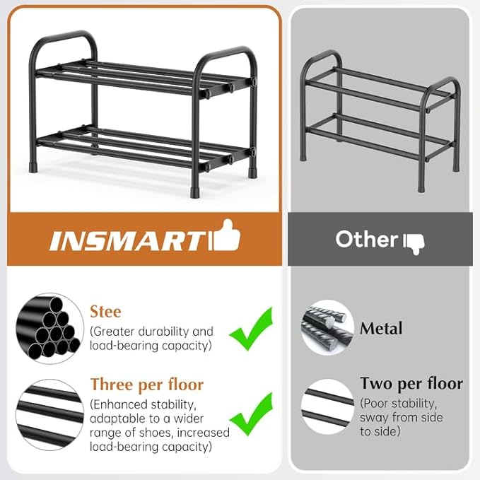 INSMART 2-Tier Expandable Shoe Rack:Stackable and Adjustable Shoes Organizer Storage Shelf, Sturdy and Durable Metal Structure Free Standing Shoe Rack for Closet Entryway Doorway
