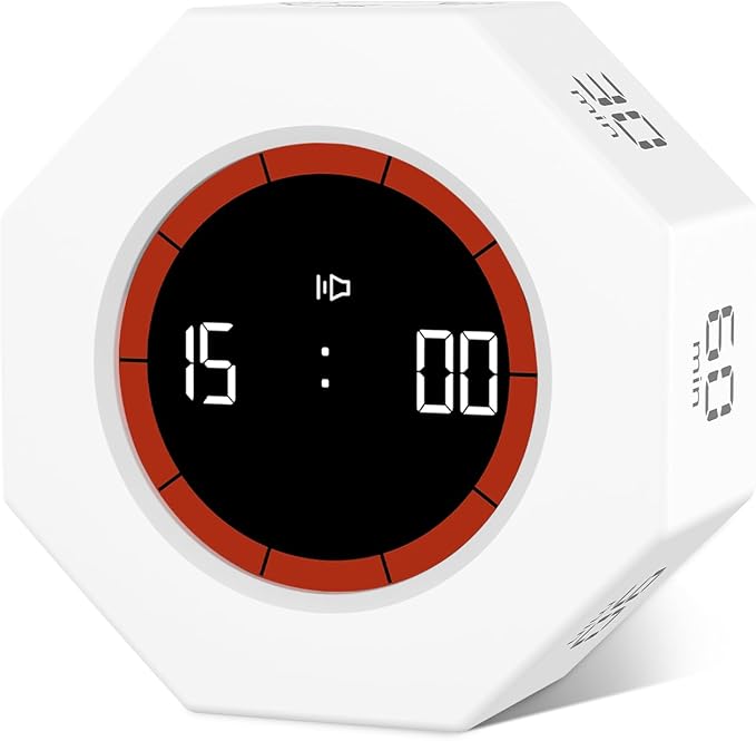 GuDoQi Digital Productivity Timer, Octagon Rotating Pomodoro Timers with Gravity-sensor, 1-3-5-15-30-60-90 Min Countdown, Portable Adjustable Sound Alert Multi Desk Timer or Study Task, Kitchen, White