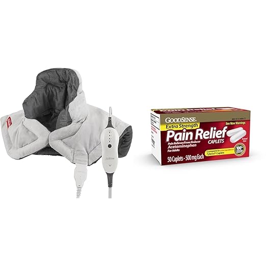 Sunbeam Neck Heating Pad & GoodSense Extra Strength 500mg Acetaminophen Caplets 50 Count Pain Relief Bundle