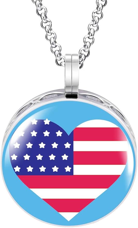 Wild Essentials US Flag Heart Enamel Finish Essential Oil Diffuser Necklace Gift Set - includes Aromatherapy Pendant, 24" Stainless Steel Chain, 8 Color Refill Pads