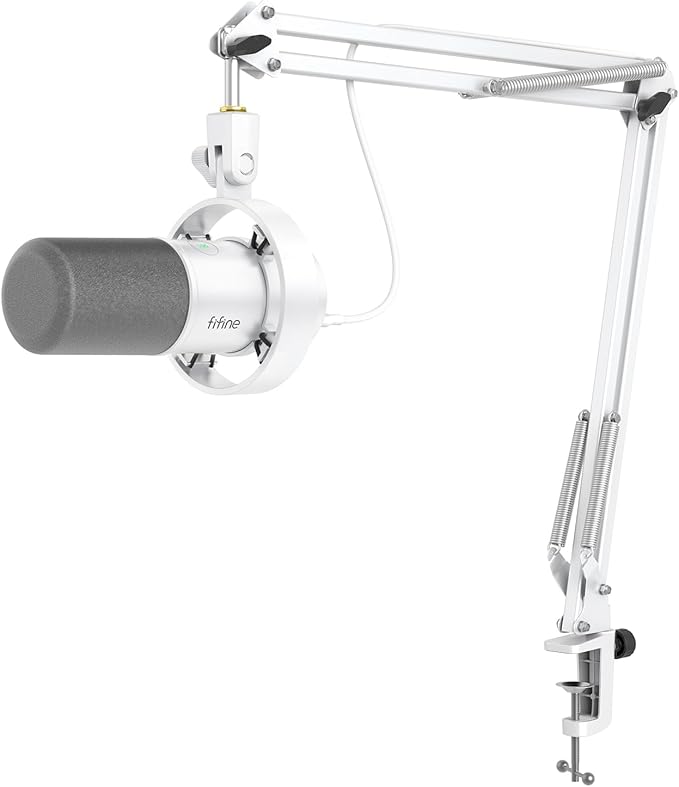 FIFINE Dynamic Microphone with Boom Arm, Studio Vocal XLR Microphone, Podcast USB Mic Kit for PC with Mute Button, Volume Knob, Headphone Jack, for Streaming Recording-AmpliTank K688CT White