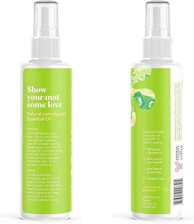 ASUTRA Yoga Mat Cleaner Spray (Mindful Lemongrass), 4 fl oz - No Slippery Residue, Organic Essential Oils Deep-Cleansing for Fitness Gear & Gym Equipment, Microfiber Towel Included