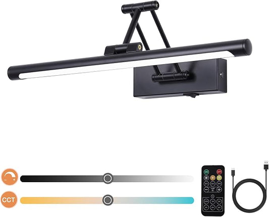 Battery Operated Picture Light with Remote 16” Black Art Light for Painting Dimmable & Timer Wireless Gallery Lights 3CCT Frame lighting Rechargeable Wall Lights for Artwork Potrait Dartboard