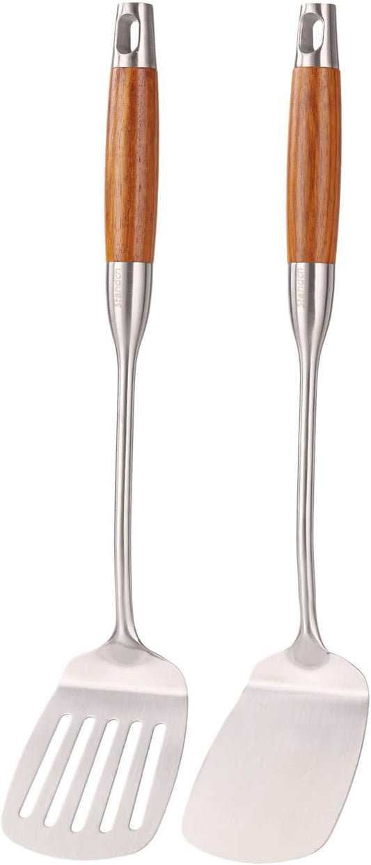 18/10 Stainless Steel Spatulas Set - 15” Long Spatulas for Kitchen, Metal Cooking Utensils - 1 Slotted Spatula + 1 Solid Turner (style B - roosewood handle)