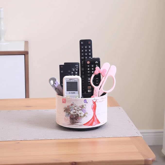 360° Rotate Desk Pen Organizer, Makeup Brush Holder Organizer, Makeup Organizers Countertop, TV Remote Control Holder,Leather Remote Caddy,Dual-Purpose Art Supply Pencil Cup (Red Dress)