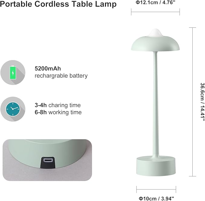 DAWALIGHT Cordless Rechargeable Desk Lamp with 3-Level Stepless Dimming, Adjustable 2700K/4000K/6500K Color Temperature, Portable Aluminum Table Light for Bedroom Restaurant Outdoor, Green