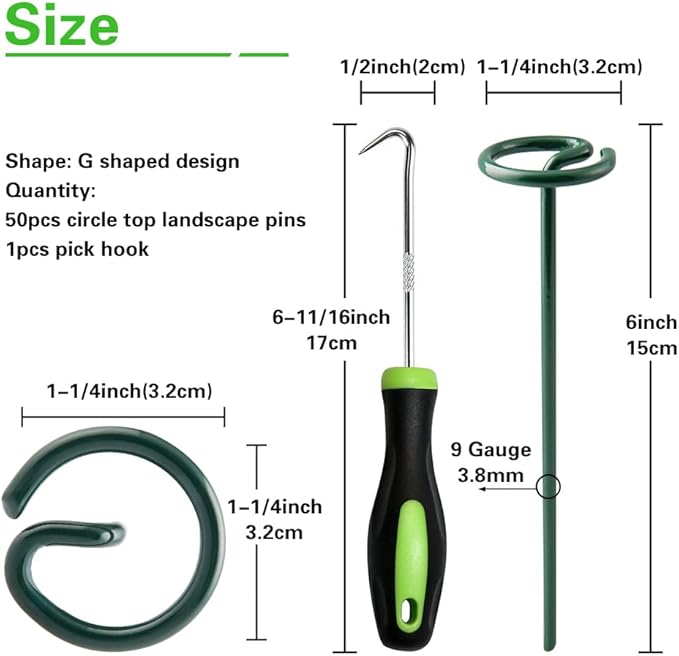 Bakulyor 50Pcs Circle Top Landscape Staples, 6 Inch Green Artificial Turf Stakes, 9 Gauge Landscape Fabric Pins, Heavy Duty Yard Lawn Spikes for Outdoor Soil Gardening Weed Barrier Sod Fabric - 6"