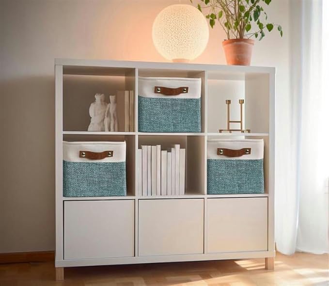 DECOMOMO Storage Baskets for Shelves - Fabric Storage Bins, Linen Closet Organizers and Storage (Green & White, Large - 3 Pack)