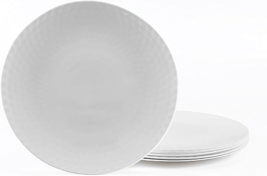 10.5 inch Dinner Plate Set of 6, Light and Durable Opal Glass Geometric Faceted White Dinnerware Plates, Dishwasher and Microwave Safe
