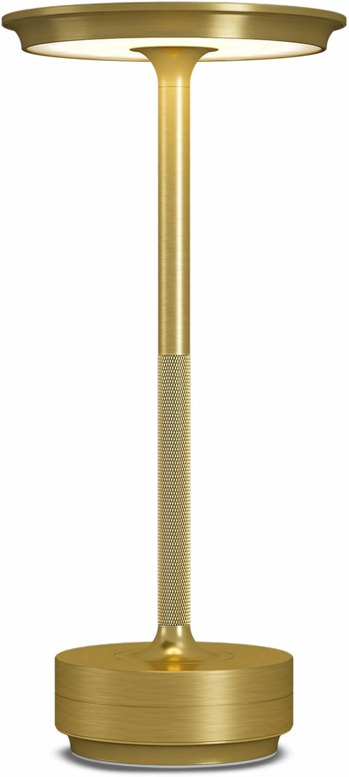 LED Rechargeable Cordless Table Lamp, Battery Operated Stepless Dimming Modern Portable Outdoor Table Light for Dining Restaurant Patio.(Brushed Gold)