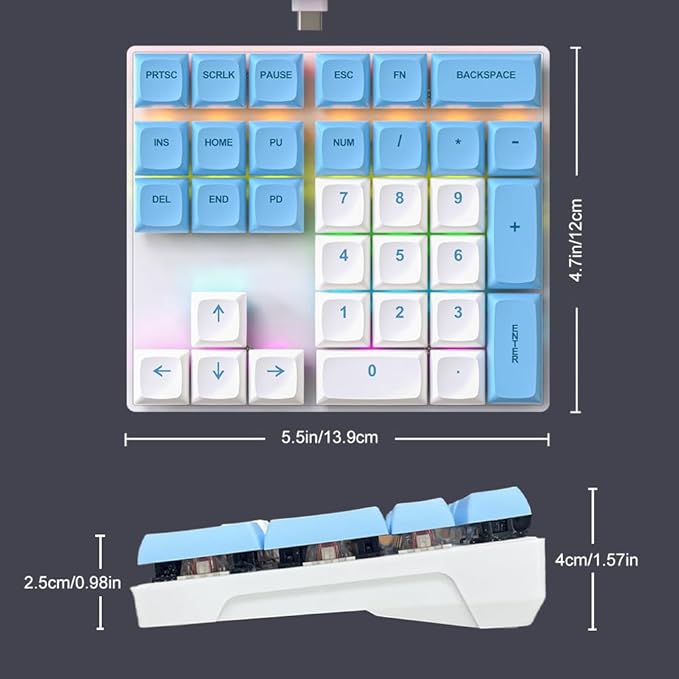 Mechanical Numpad Rainbow Backlit Smooth Red Switches Wired USB Number Pad 33-Key NKRO Numeric Keypad with XDA PBT Keycaps External Keyboard Num Pad for Laptop, Mac - White Blue