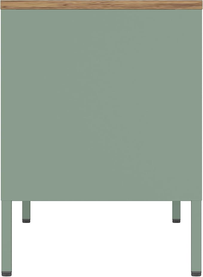 Manhattan Comfort Landen 47" Modern Metal TV Stand with Storage Cabinets & Open Shelves, Holds Up to 40" Screen, TV Console with Natural Wood Top, Cable Management, Adjustable Legs, Green