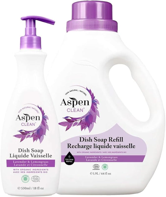 AspenClean Natural Dish Soap and Refill Lavender and Lemongrass - 100% Natural, Organic, Baby-Safe, Pet-Friendly, Vegan, Cruelty-Free, Biodegradable - EWG VERIFIED & EcoCert Certified