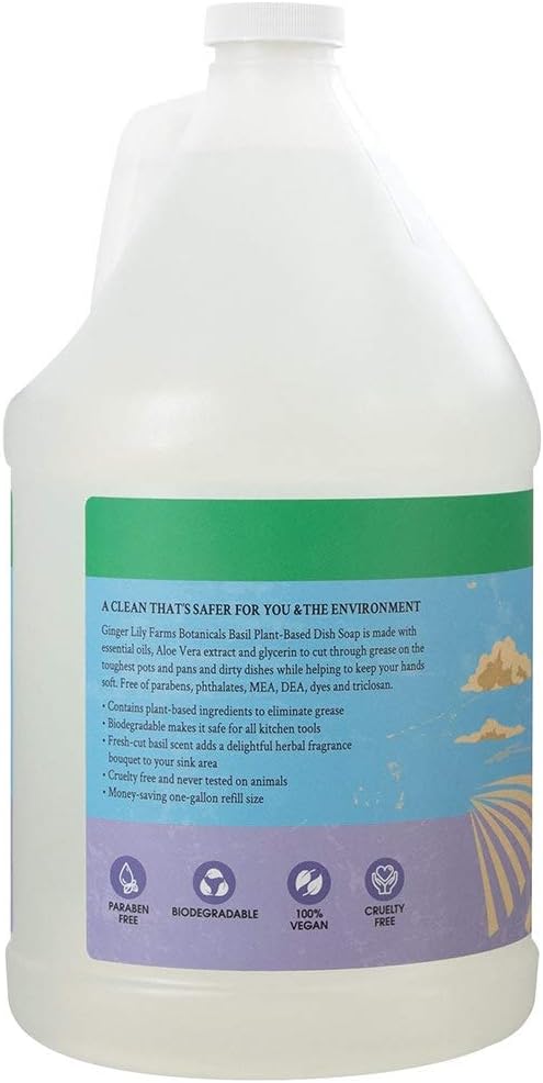 Ginger Lily Farms Botanicals Plant-Based Liquid Dish Soap, Concentrated Formula with Max Grease Cleaning Power, Cruelty-Free, Basil Scent, 1 Gallon Refill (128 Fl. Oz.)