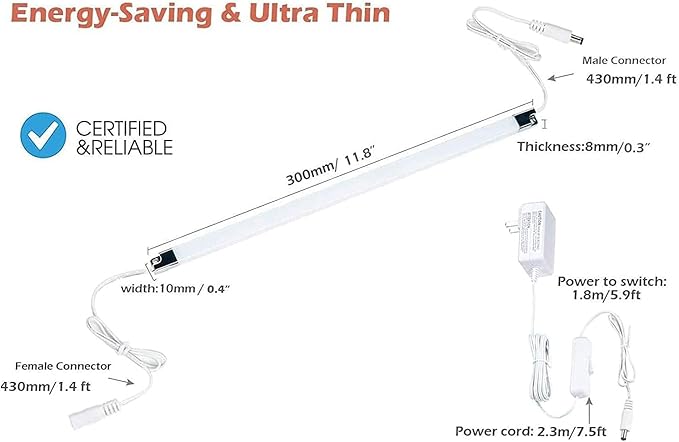 Premium LED Light Strips Kit: 6 x 12 Linkable Bars + Rocker Switch for Warm White Ambient Lighting in Cabinets, Closets, Shelf, Display Case, Showcase Lighting, 3000K Warm White