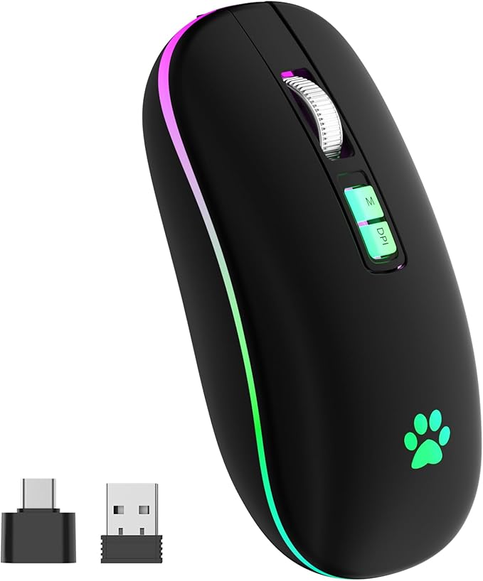KARFUN Wireless Mouse, Backlit LED Portable Slim Computer Mouses for Laptop, PC, Computer, MacBook, iPad, Chromebook, Notebook, 2.4G Rechargeable Wireless Mouse (Black-Black Nose)