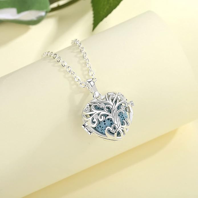 INFUSEU Tree of Life Pendant Aromatherapy Necklace for Women Essential Oil Diffuser Jewelry Healing Lava Rock Stone Heart Spiritual Gifts Items for Meditation Yoga Aroma Perfume