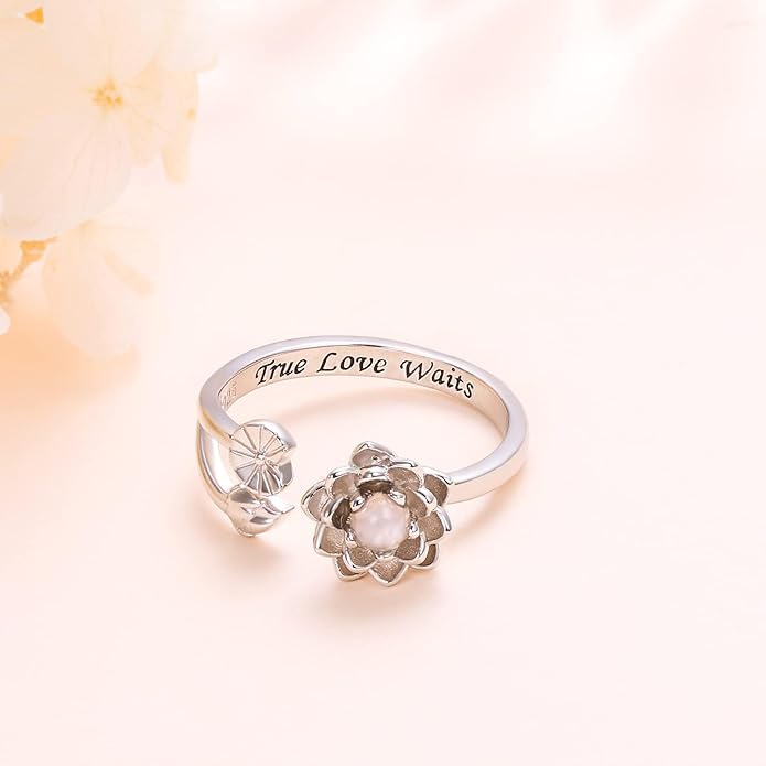 Moonstone Lotus Jewelry Set 925 Sterling Silver Lotus Flower Ring Engraved True Love Waits Natural Healing Buddha Spiritual Yoga Lotus Jewelry Set Gifts for Women