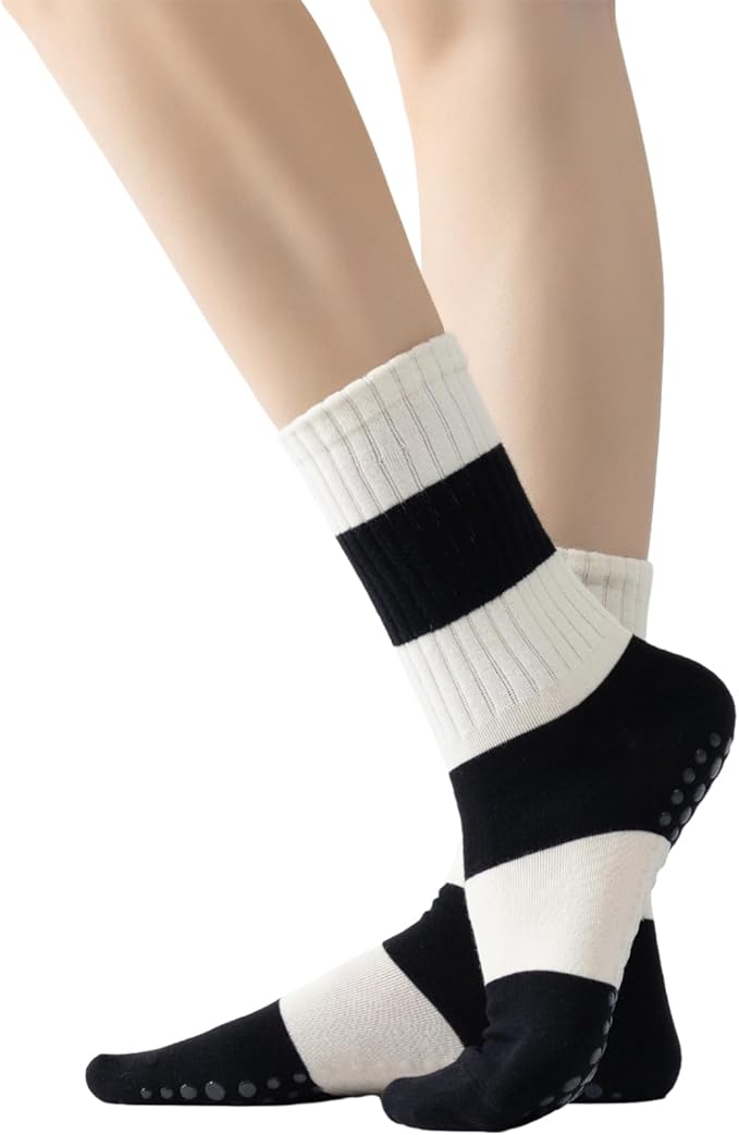 Yoga Pilates Socks with Grips for Women Non Slip Striped Cushioned Crew Socks for Barre Ballet Dance