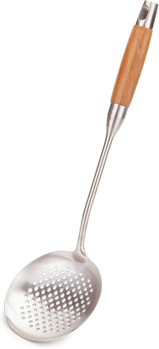 FJNATINH Skimmer Ladle, 15.4inches spatula for wok, 304 Stainless Steel wok spatula,Wooden Handle