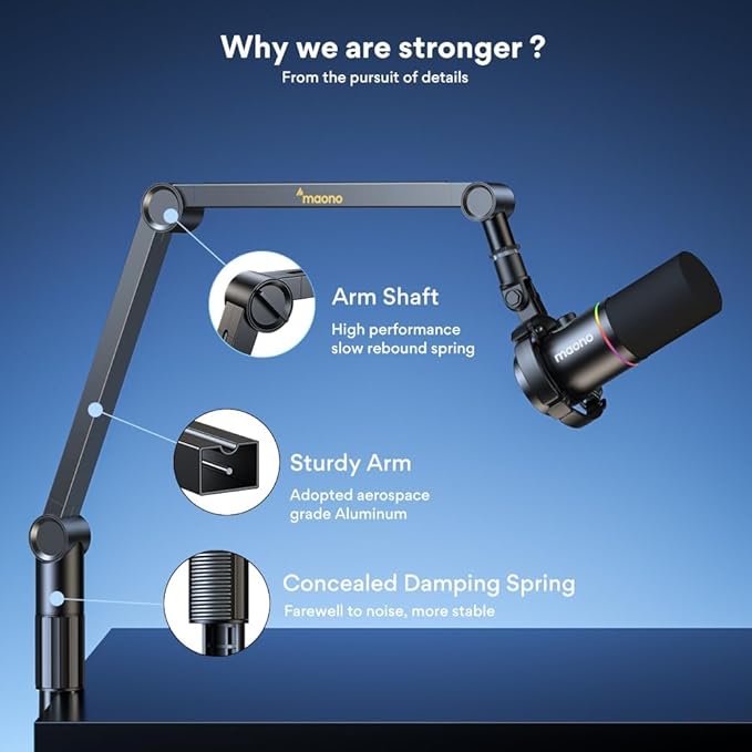 MAONO Microphone Boom Arm, Heavy Duty Low Profile Mic Arm with Cable Management Channels, Desk Mount Clamp, Fully Adjustable Mic Stand for Podcast Studio Streaming (Heavy Duty Mic Arm)