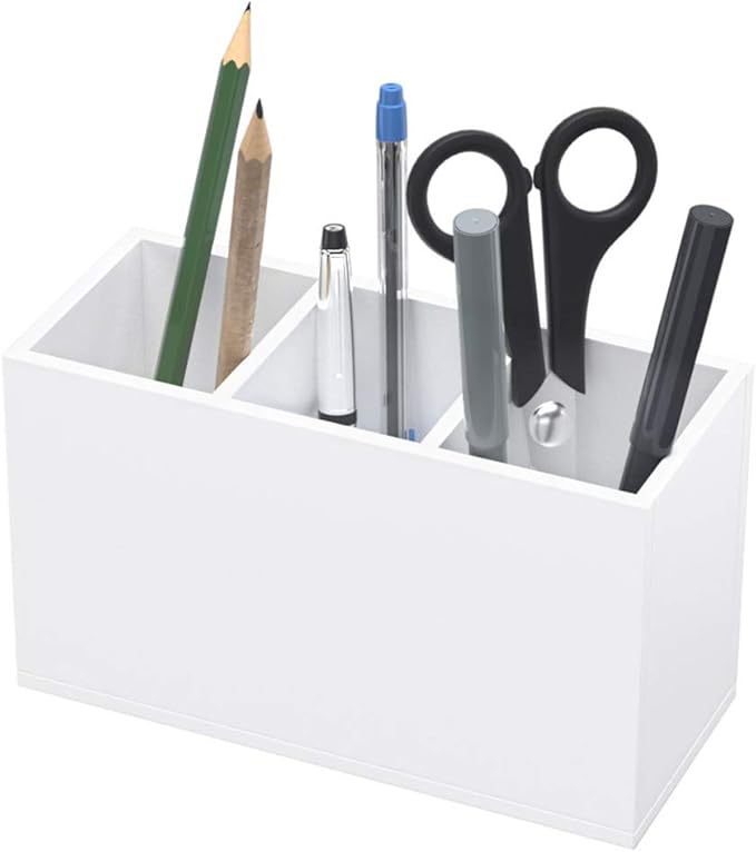 NIUBEE Acrylic Pen Holder 3 Compartments, White Pencil Organizer Cup for Countertop Desk Accessory Storage