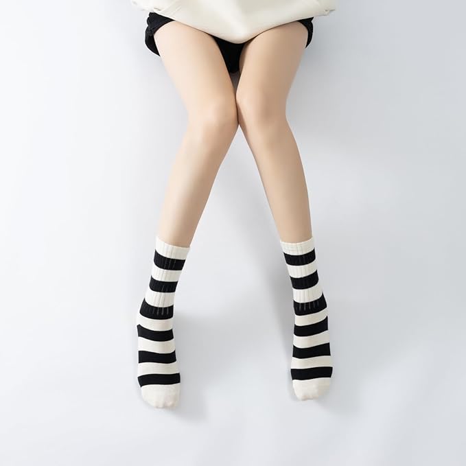 Yoga Pilates Socks with Grips for Women Non Slip Striped Cushioned Crew Socks for Barre Ballet Dance