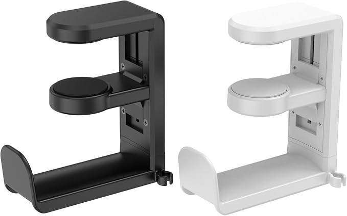 Rotating Headphone Stand - EURPMASK PC Gaming Headset Stand, Adjustable Clamp-on Headphone Holder, Headphone Hanger Hook Under Desk with 360 Degree Swivel&Cable Clip Organizer - Black+White, 2 Pack