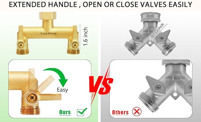 Heavy Duty Brass 2-Way Garden Hose Splitter, 3/4" GHT Threads, Metal Shutoff Valve, Long Handle（2 pack）