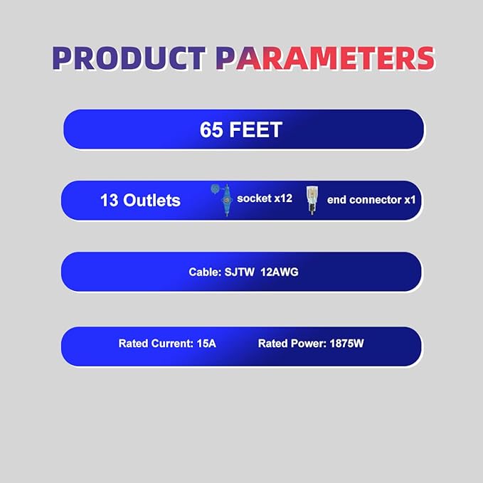 65 Feet Multi Outlet Extension Cord 12 Gauge,13 Nema 5-15R Evenly Spaced Outlets with Blue Indicators.Male Plug to Female Connector,Erboelec,ETL Listed