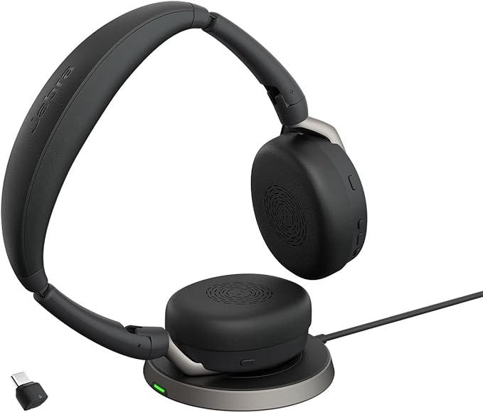 Jabra Evolve2 65 Flex Stereo Headset with Bluetooth, Wireless Charging Pad - Noise-Cancelling ClearVoice Technology & Hybrid Active Noise Cancellation - Works with Leading UC Platforms - Black