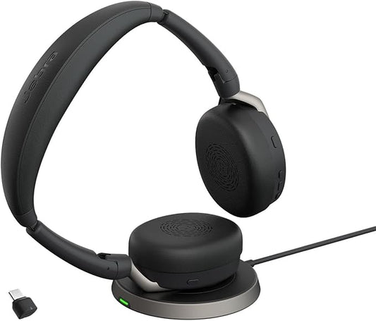 Jabra Evolve2 65 Flex Stereo Headset with Bluetooth, Wireless Charging Pad - Noise-Cancelling ClearVoice Technology & Hybrid Active Noise Cancellation - Certified for Microsoft Teams - Black