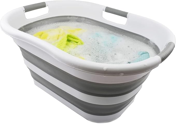 SAMMART 40L (10.5 Gallon) Collapsible Plastic Laundry Basket - Space Saving Storage Container/Organizer - Portable Washing Tub - Foldable Pop Up Hamper/Basket (2, White/Grey)
