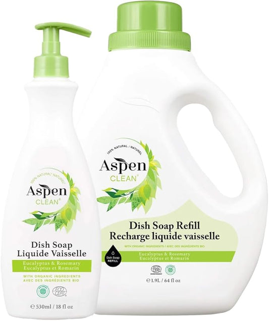 AspenClean Natural Dish Soap and Refill Eucalyptus and Rosemary - 100% Natural, Organic, Baby-Safe, Pet-Friendly, Vegan, Cruelty-Free, Biodegradable - EWG VERIFIED & EcoCert Certified