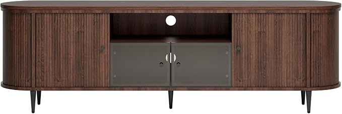 Luxury 70" Fluted TV Stand, Modern Entertainment Center for TVs Up to 80”, TV Console with Faux Marble Tabletop, Curved Profile Design, Media Console for Living Room, Brown