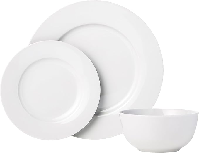 Amazon Basics Kitchen Dinnerware Set, Microwave and Dishwasher Safe, Plates, Bowls, Service for 6, 18-Piece, White