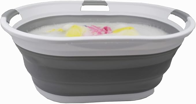 SAMMART 44L Collapsible Plastic Laundry Basket - Foldable Pop Up Storage Container/Organizer - Portable Washing Tub - Water Capacity: 35L(1, White/Grey), Size : 25.4 x 17.8 x 10.6 inches