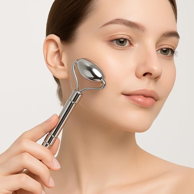 Stainless Steel Gua Sha and Face Roller Set Facial Massager Tools, Lymphatic Drainage Massager Metal Gua Sha Skin Self Care Gifts for Women, Face Sculpting Guasha for Body Eyes with Pouch