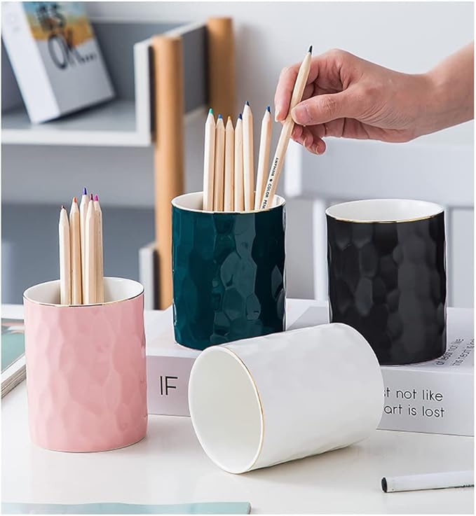 Ceramic Pen Holder Stand Cup Pencil Holder Organizer Makeup Brush Holders for Home Office Desk (Black)