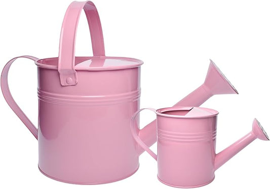 Small Metal Watering Can Set, Pink, 1.2L and 0.23L Garden Cans with Long Spout, Indoor Outdoor Plant Care (Pink)