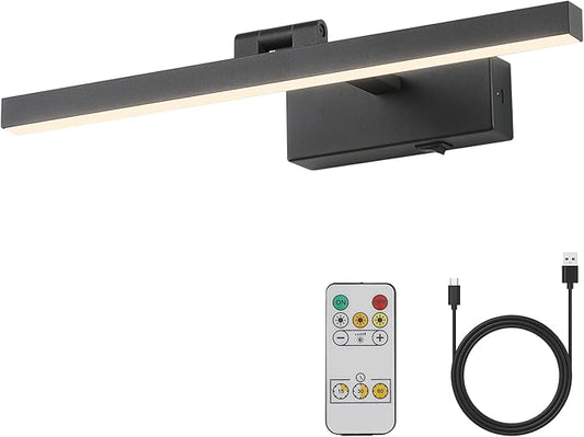 Joosenhouse Picture Light Battery Powered Dimmable Wireless Picture Lights with Timer Remote Rechargeable Painting Light Adjustable Swing Arm Wall Light 15.75" in Black Artwork Gallery Wall Light