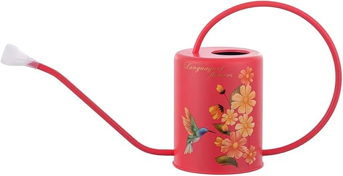 Yowon 1/2 Gallon 68oz Long Spout Stainless Steel Flower and Hummingbird Pattern Watering Can for Indoor Plant Watering or Outdoor Gardening with 2 Removable Spray Spout for Flowers Plant,Red,YW0414RP