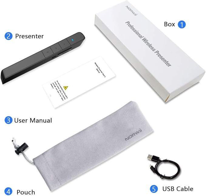 Norwii N75 Rechargeable Presentation Clicker with Green Light Pointer for presentations, PowerPoint Clicker for Presentation Remote, Long Range Wireless Presenter (Green Light)