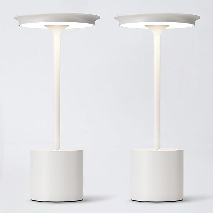 2Pack Cordless Table Lamp, Portable Rechargeable 6000mAh Outdoor Table Lamp, 3 Color Stepless Dimming Battery Powered Lamp, LED Table Light for Dinner/Bedroom/Restaurant/Outdoor (White)