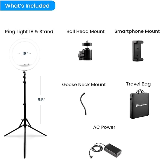 Lume Cube LED Ring Light for Videos, Selfies, Live Streaming |18” Circle Light with Stand, Phone Holder, and Camera Mount | Portable + 6.5 ft Tripod Stand and Travel Case | Battery Not Included
